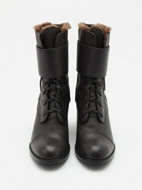 Grey Leather Lace-Up Fur-Trim Ankle Boots. Zipper in Back.